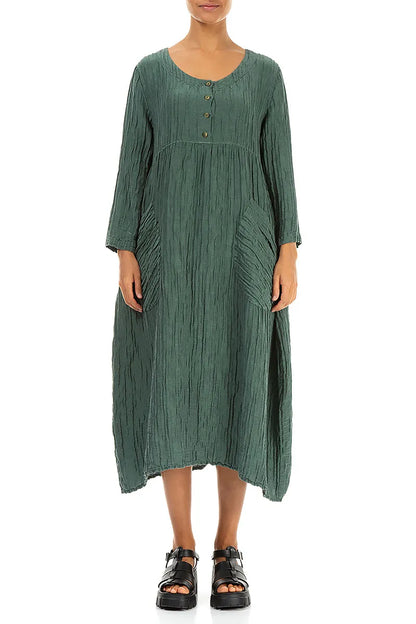 Buttoned Sage Crinkled Silk Linen Dress 2