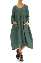 Buttoned Sage Crinkled Silk Linen Dress 5