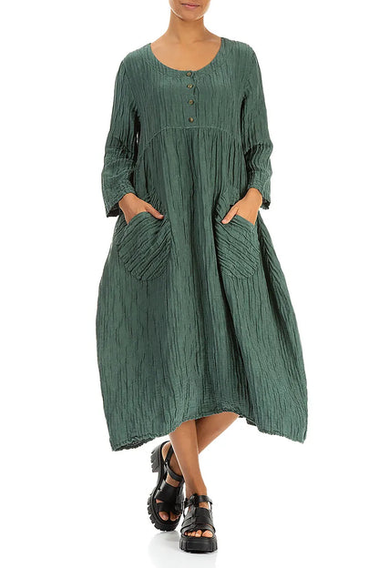 Buttoned Sage Crinkled Silk Linen Dress 5