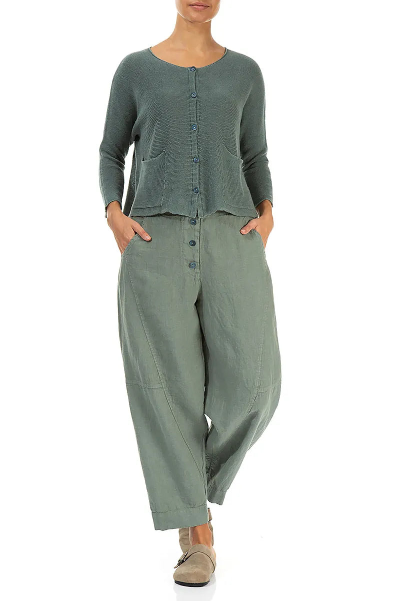 Buttoned Sage Linen Trousers 4