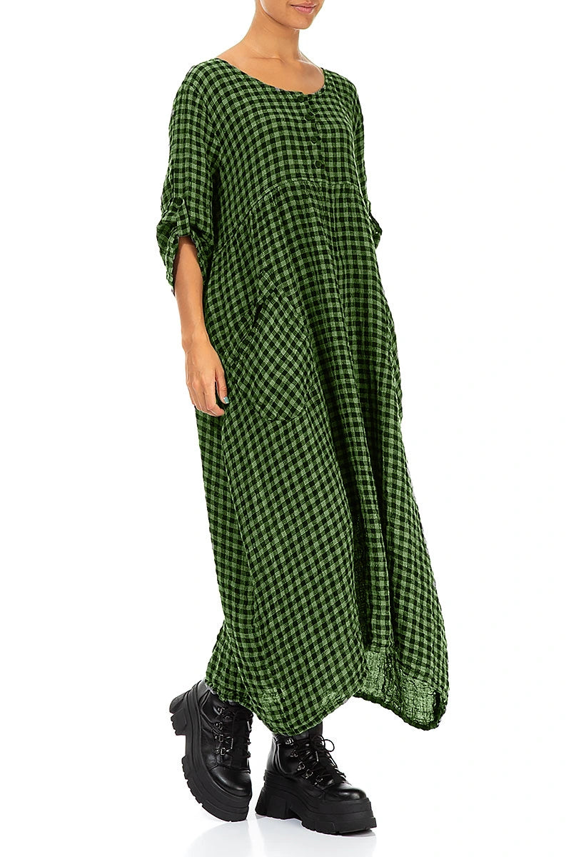Buttoned Shamrock Green Check Linen Dress