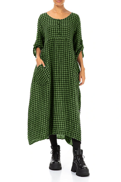 Buttoned Shamrock Green Check Linen Dress