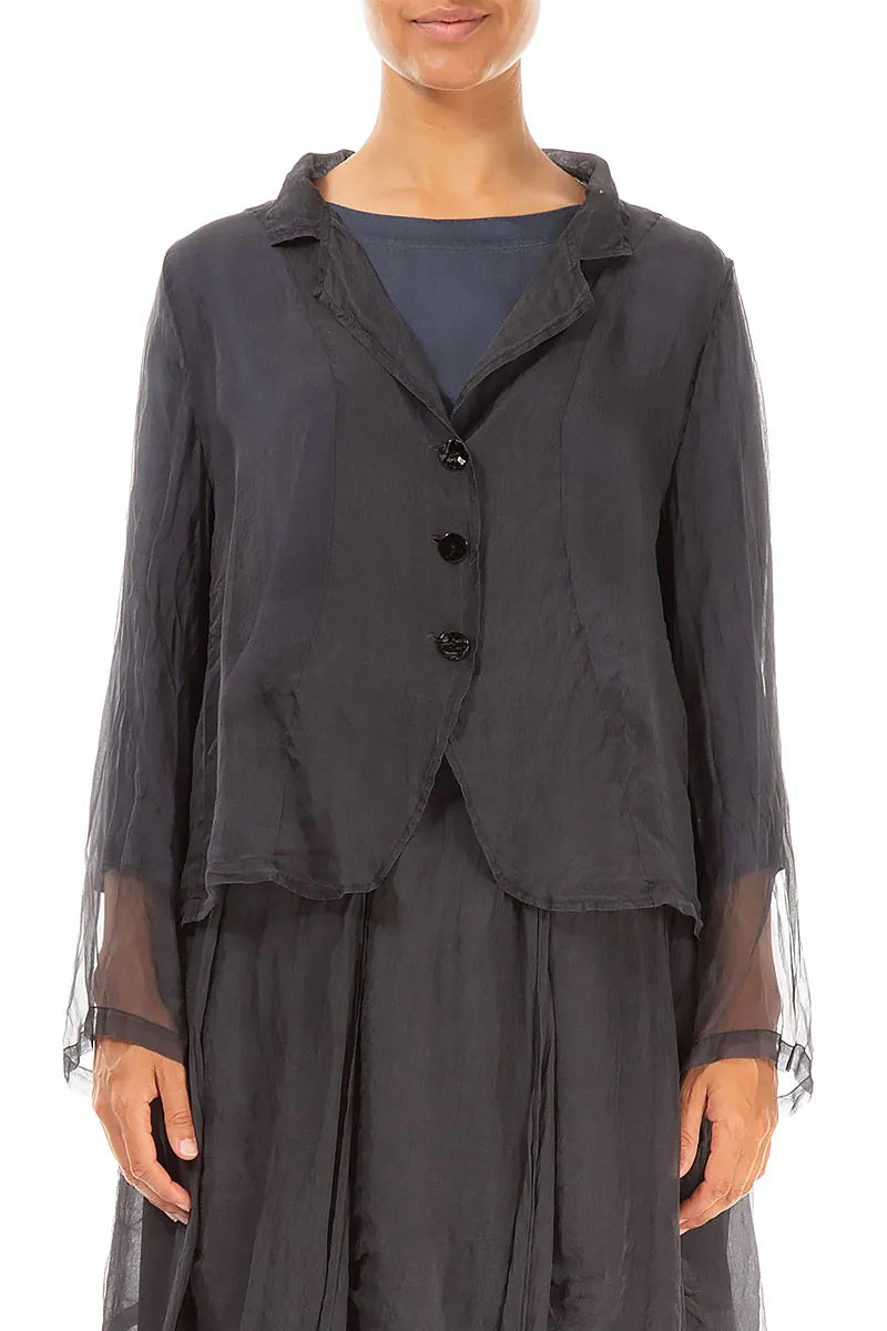 Buttoned Short Dark Grey Silk Chiffon Jacket 1