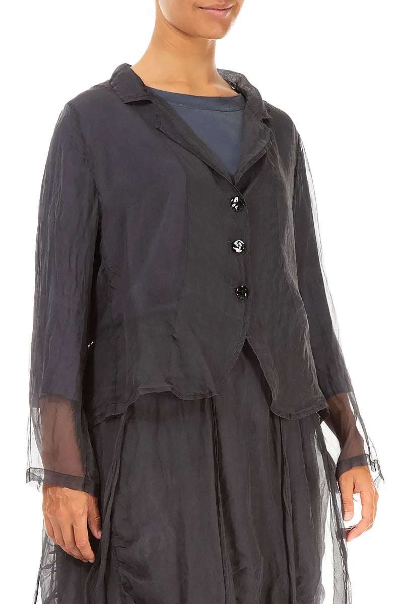 Buttoned Short Dark Grey Silk Chiffon Jacket 3