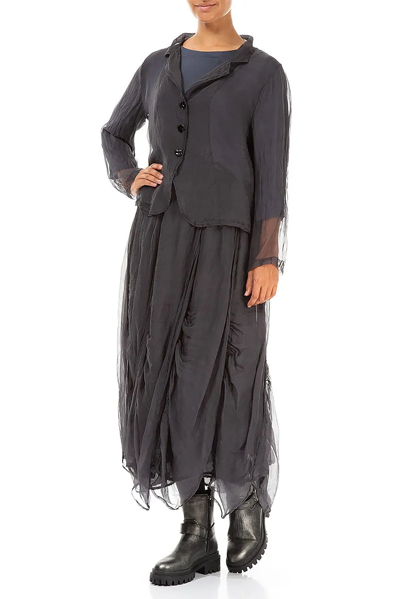 Buttoned Short Dark Grey Silk Chiffon Jacket 4