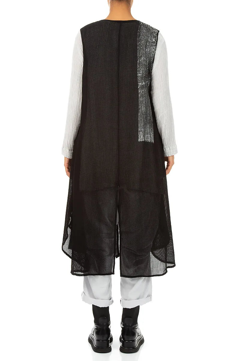 Buttoned Silver Metallic Black Mesh Silk Tunic Vest 3