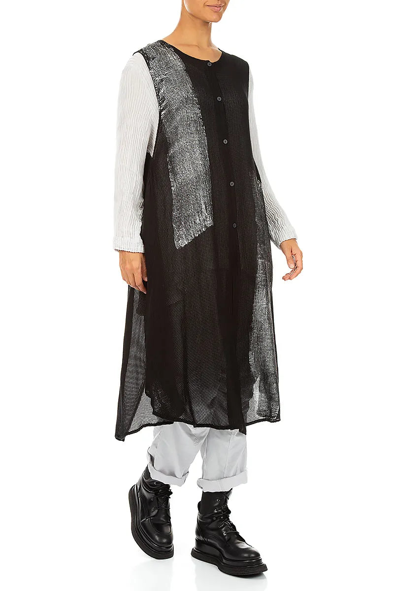 Buttoned Silver Metallic Black Mesh Silk Tunic Vest 5