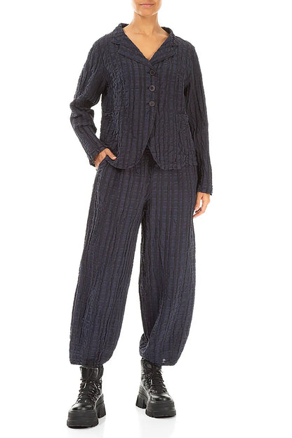 Buttoned Slate Blue Checkered Linen Cotton Jacket 4