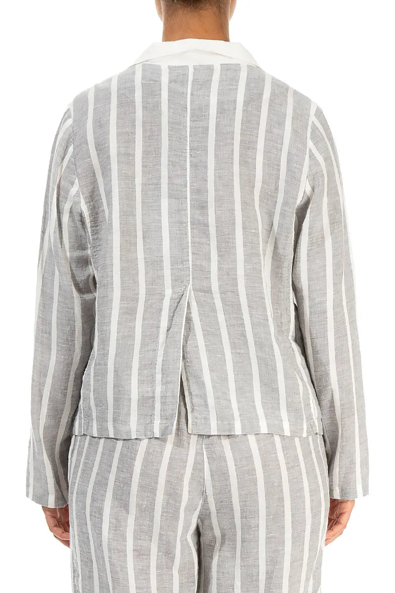 Buttoned Stripy Grey Linen Jacket 2