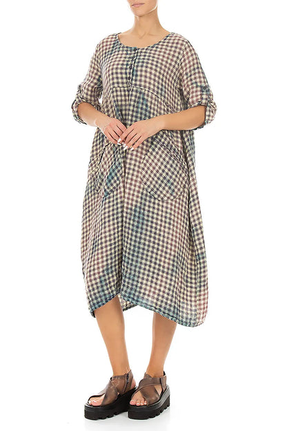 Buttoned Watercolour Check Linen Dress 4