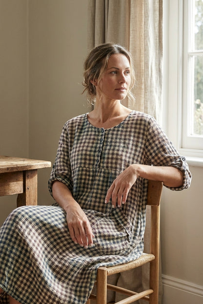 Buttoned Watercolour Check Linen Dress 1