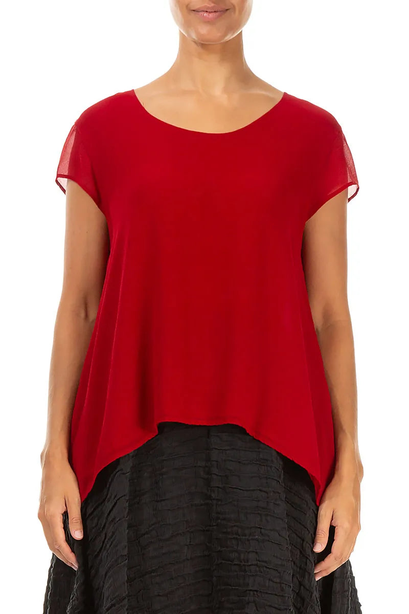 Cap Sleeves Cherry Red Silk Blouse