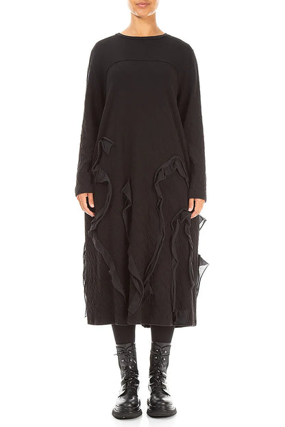Cascading Waves Black Wavy Cotton Dress
