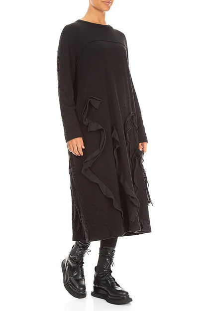 Cascading Waves Black Wavy Cotton Dress