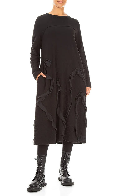 Cascading Waves Black Wavy Cotton Dress