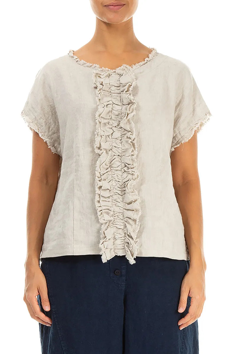 Front Ruffle Natural Linen Blouse