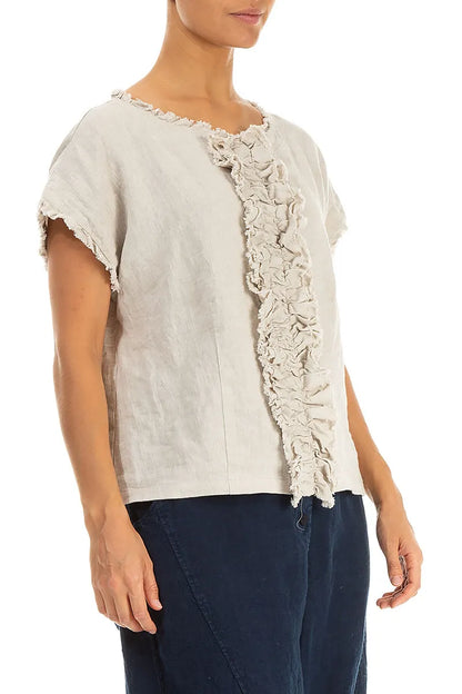 Front Ruffle Natural Linen Blouse