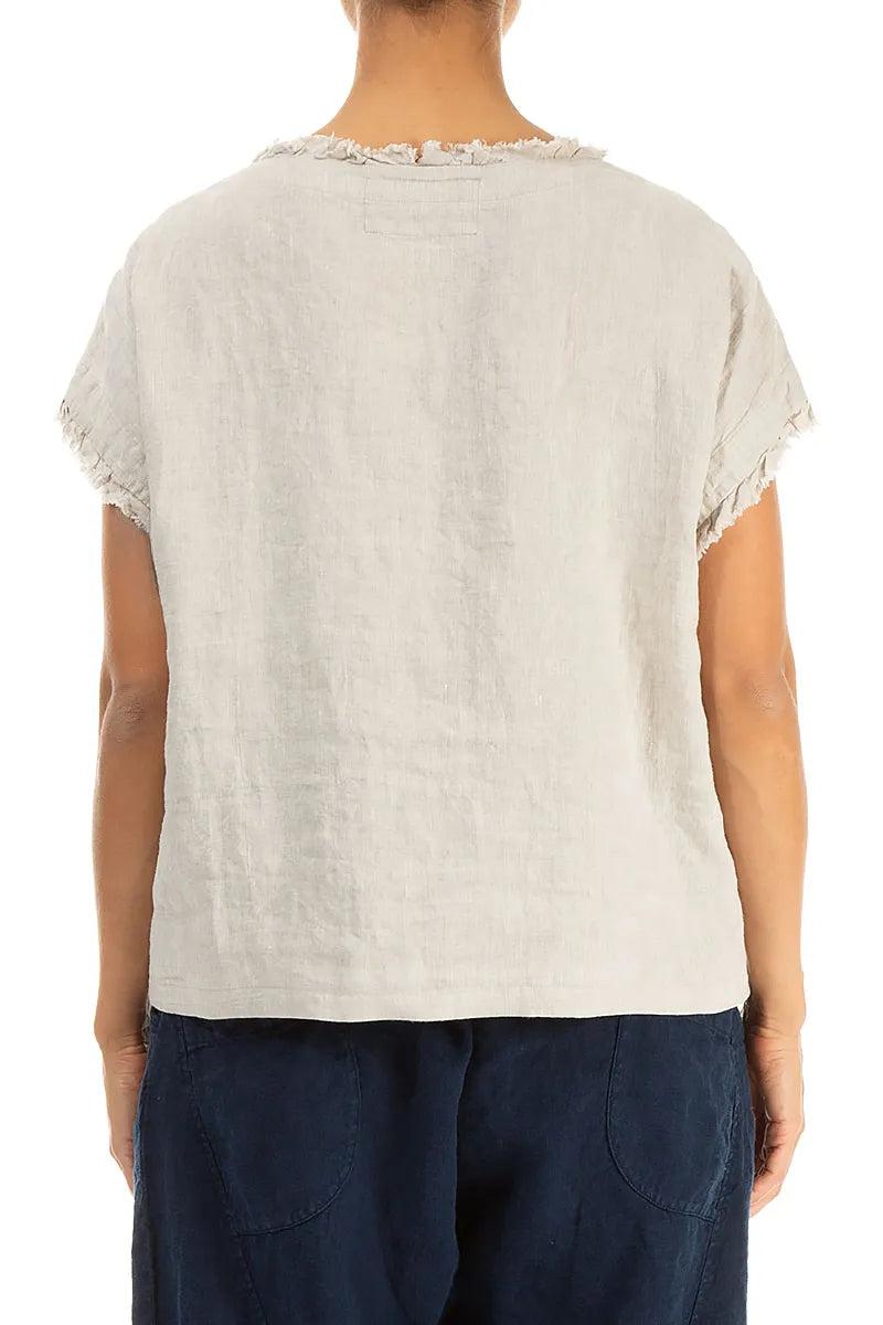 Front Ruffle Natural Linen Blouse
