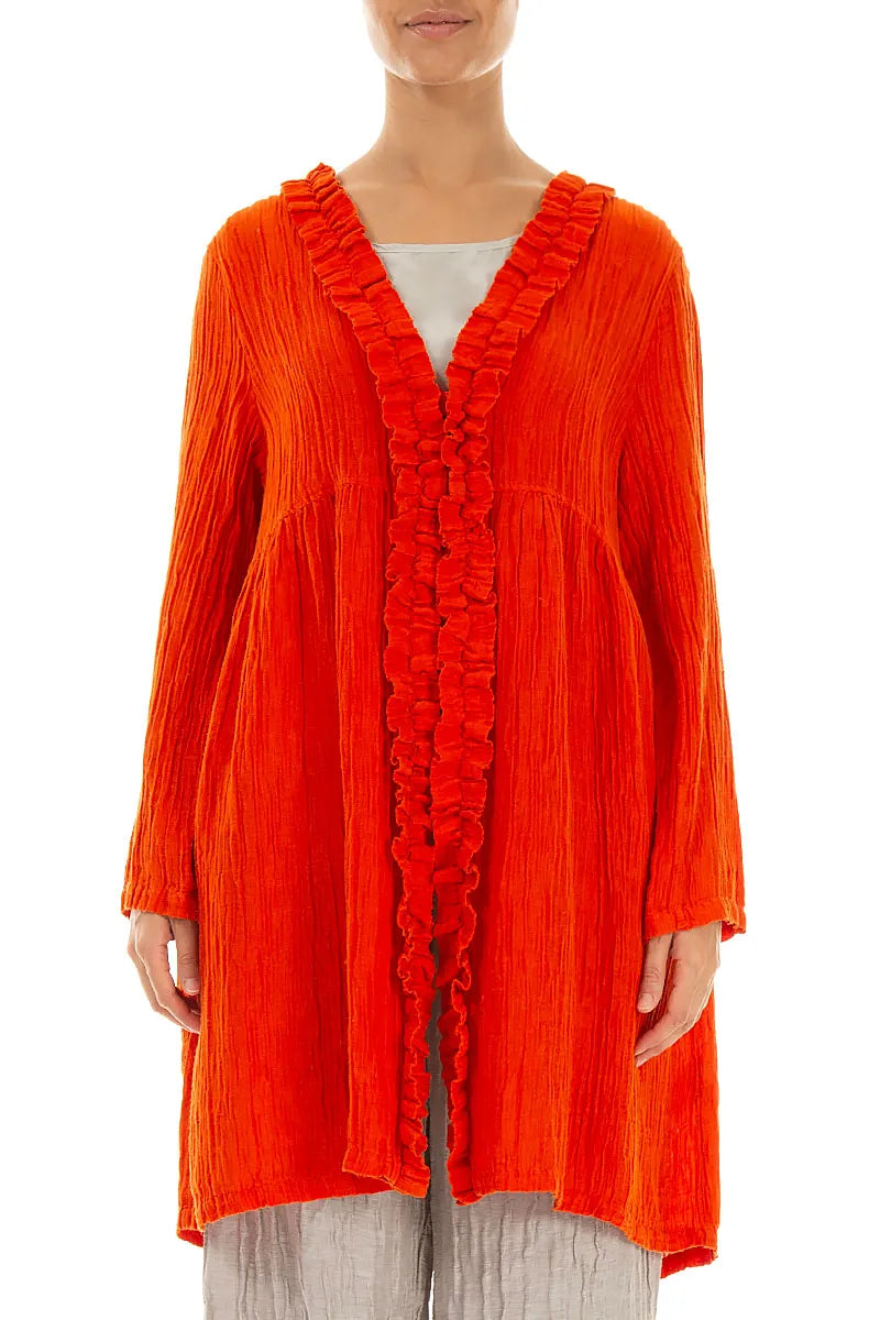 Orangefarbene gekräuselte Seidenjacke mit mittiger Rüsche