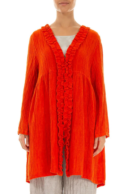 Orangefarbene gekräuselte Seidenjacke mit mittiger Rüsche