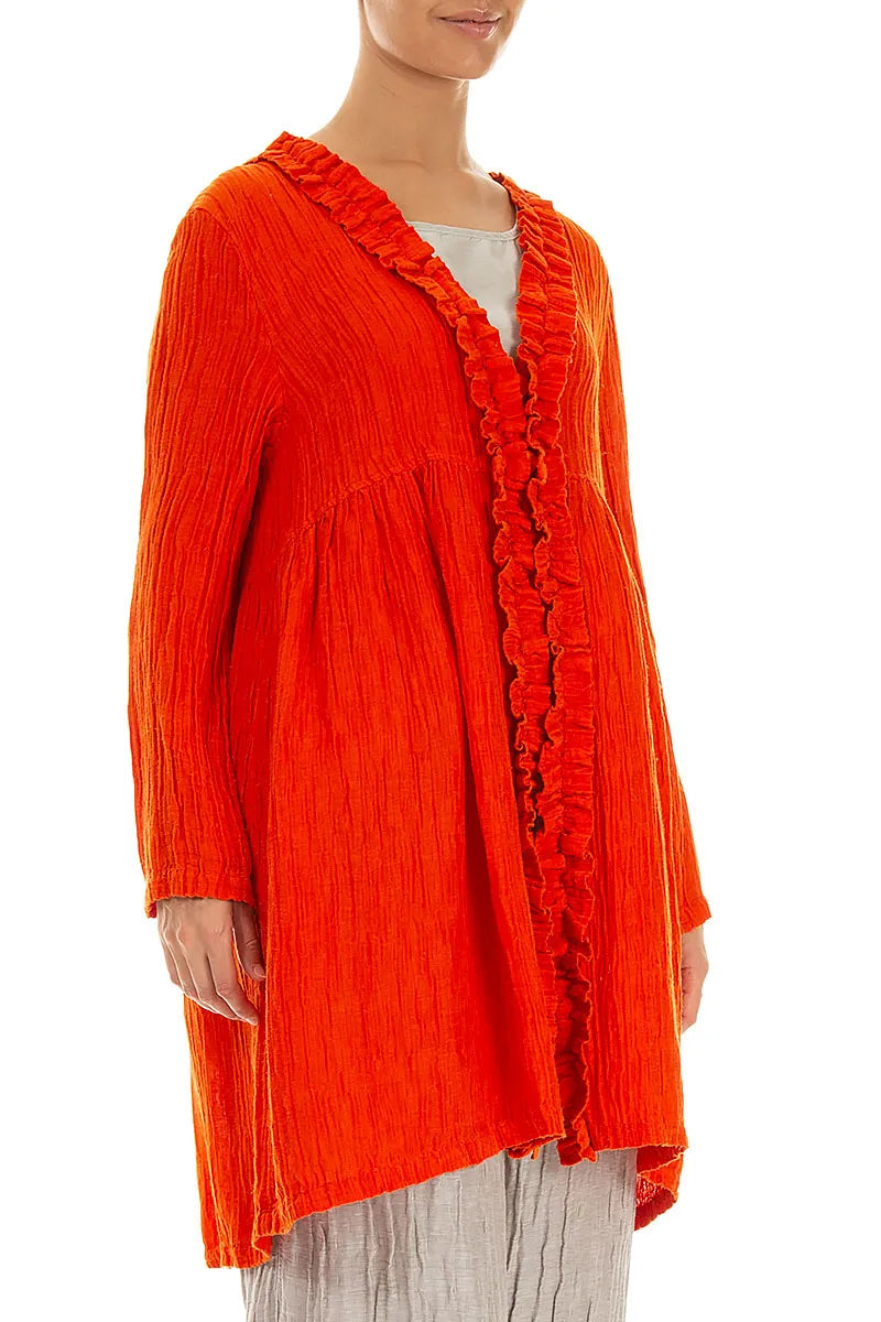 Orangefarbene gekräuselte Seidenjacke mit mittiger Rüsche