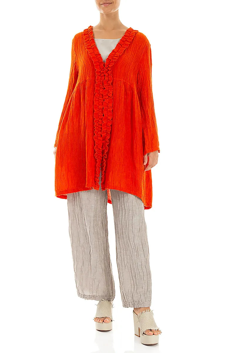 Orangefarbene gekräuselte Seidenjacke mit mittiger Rüsche