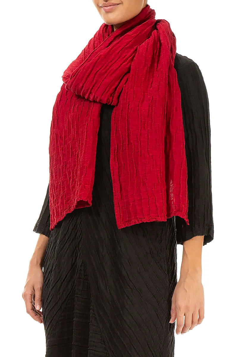 Cherry Red Crinkled Silk Linen Scarf 3
