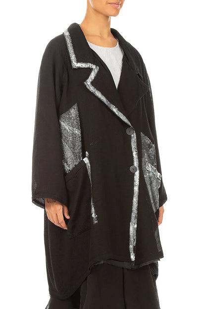 Collar Black Silver Metallic Mesh Silk Jacket 3