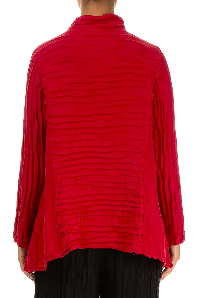 Collar Crinkled Cherry Red Silk Linen Jacket 2