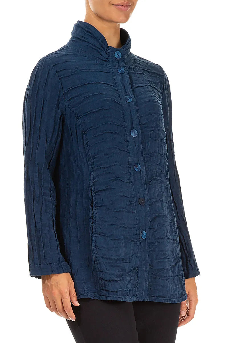 Collar Crinkled Royal Blue Silk Linen Jacket 3
