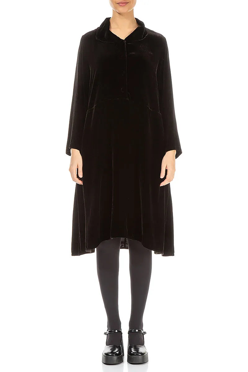 Collar Neck Black Silk Velvet Dress