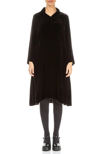 Collar Neck Black Silk Velvet Dress