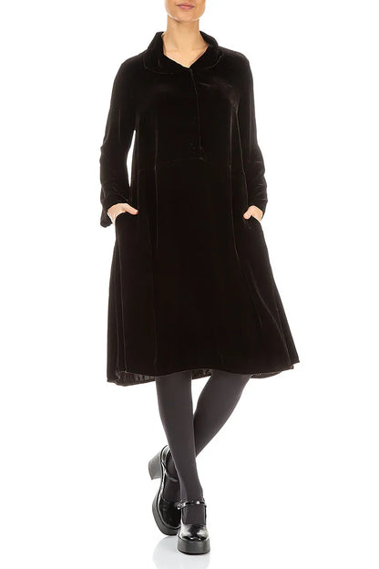 Collar Neck Black Silk Velvet Dress