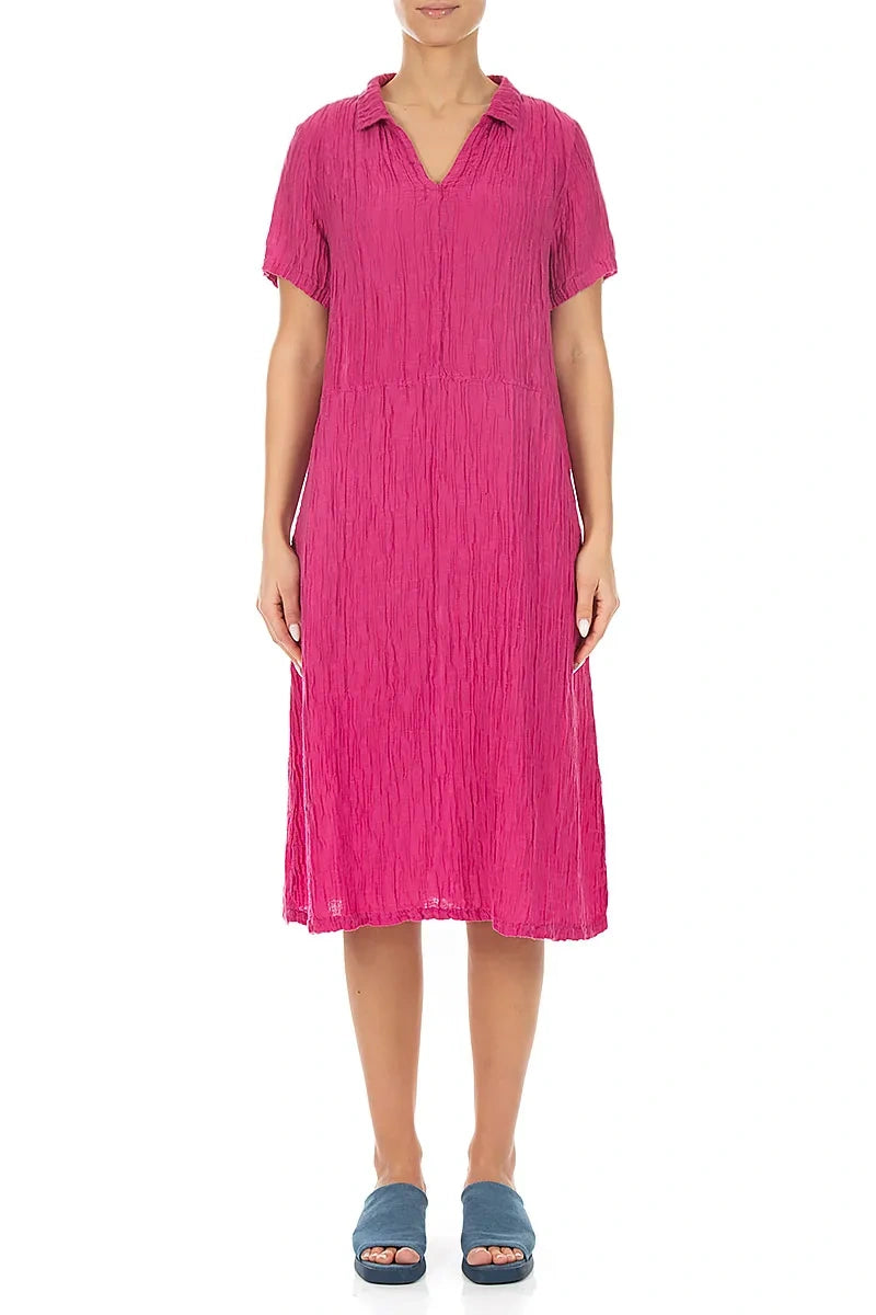 Collar Neck Crinkled Fuchsia Silk Dress 1