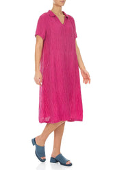 Collar Neck Crinkled Fuchsia Silk Dress 3