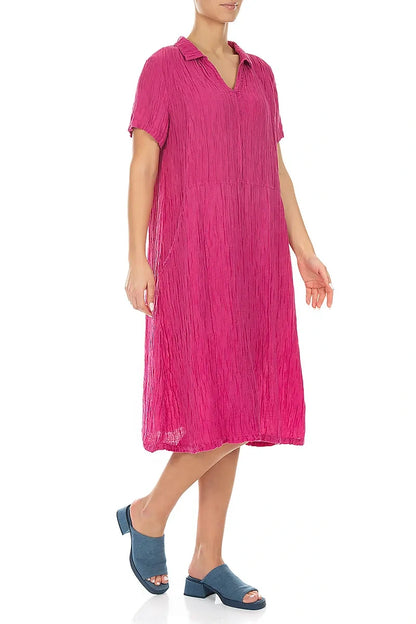 Collar Neck Crinkled Fuchsia Silk Dress 3
