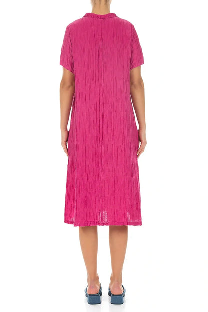 Collar Neck Crinkled Fuchsia Silk Dress 2