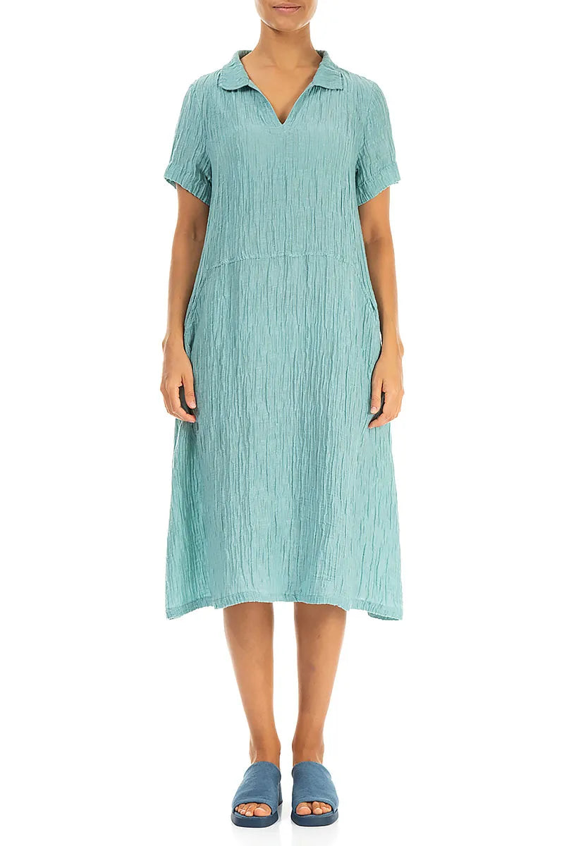 Collar Neck Crinkled Mint Silk Dress 2