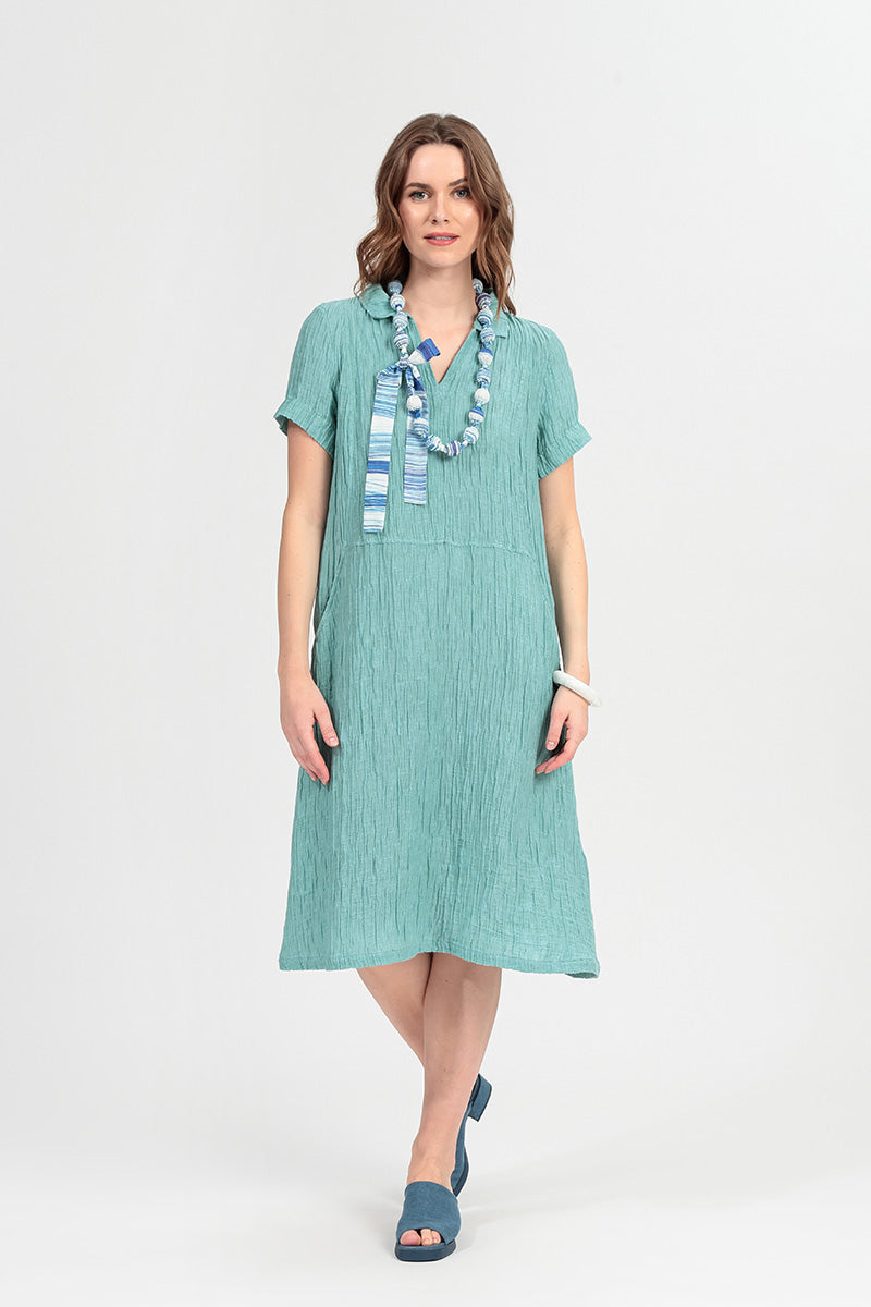 Collar Neck Crinkled Mint Silk Dress 1