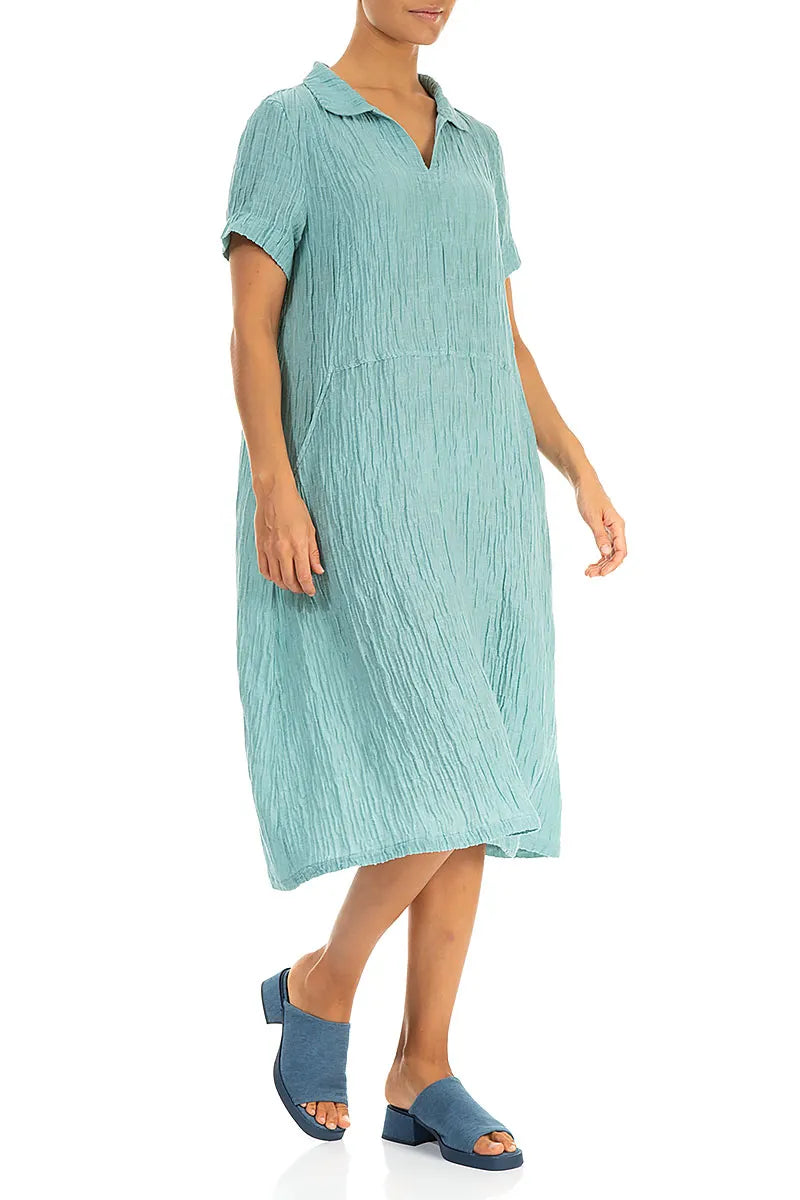 Collar Neck Crinkled Mint Silk Dress 4