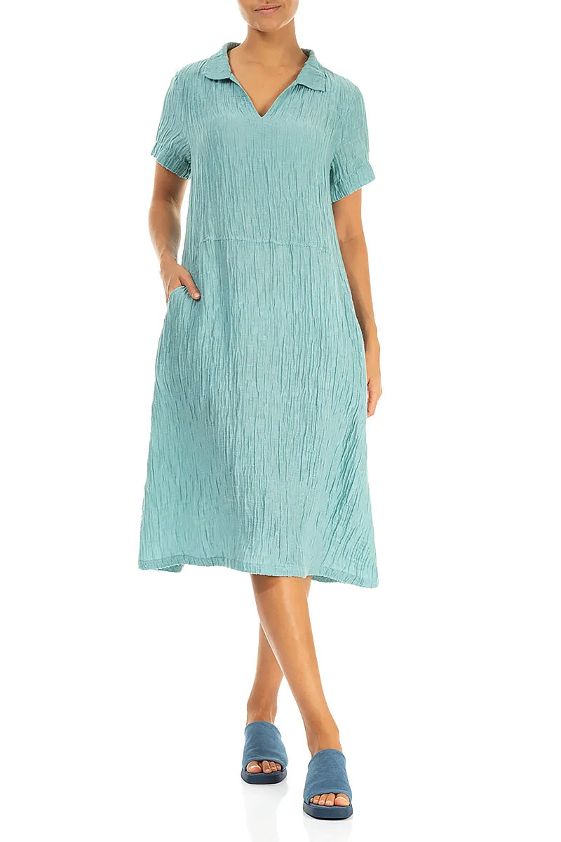 Collar Neck Crinkled Mint Silk Dress 5