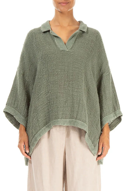 Collar Neck Distressed Sage Handwoven Linen Blouse