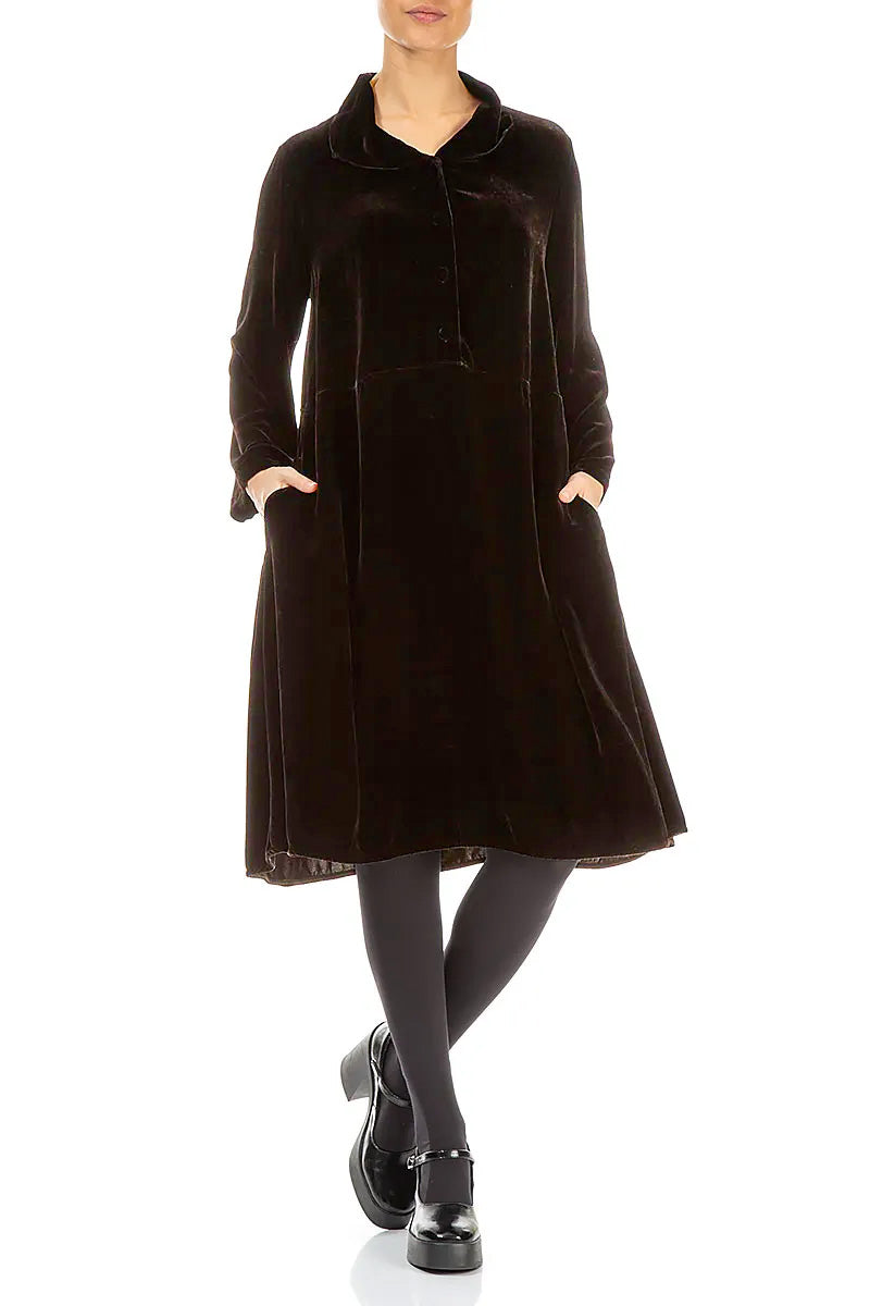 Collar Neck Forest Brown Silk Velvet Dress