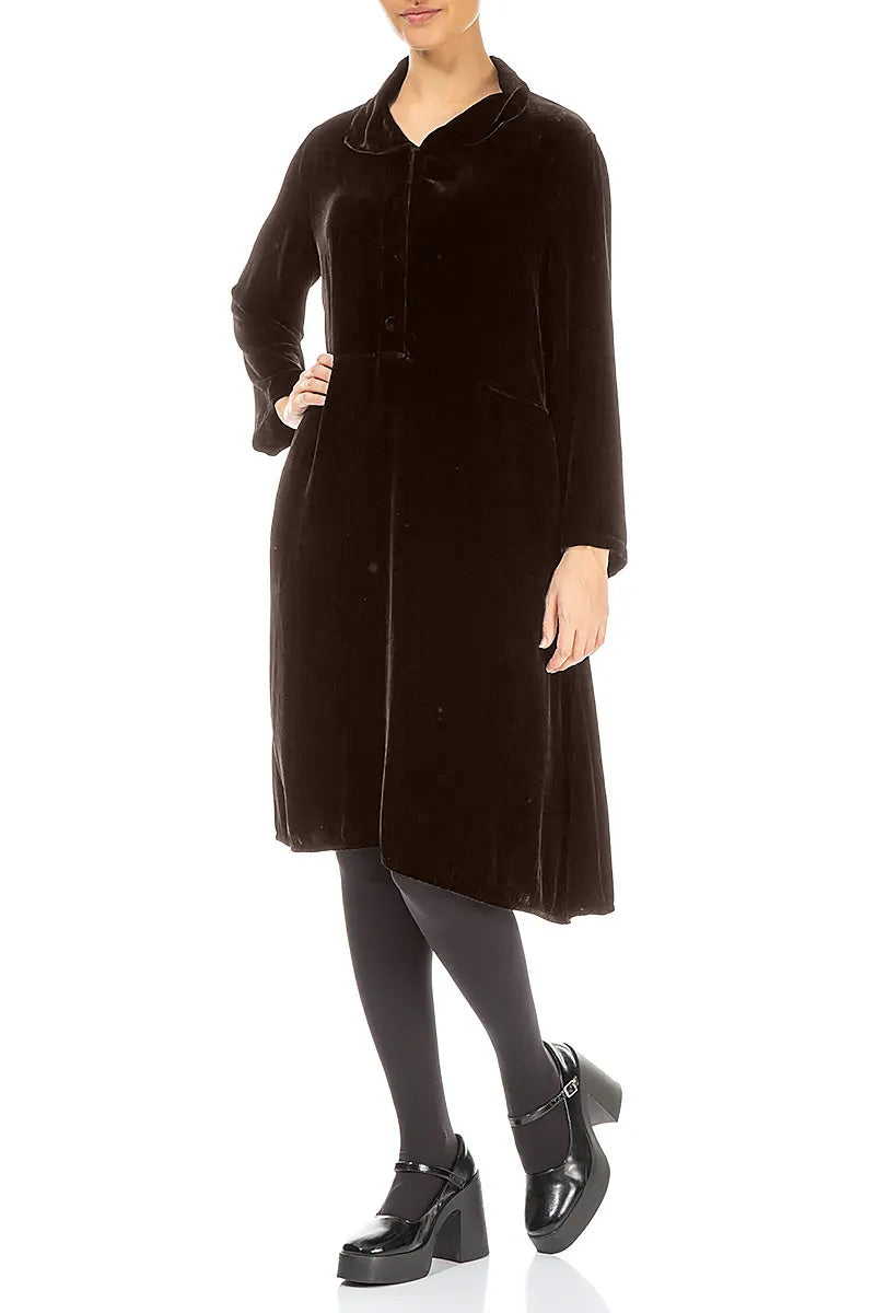 Collar Neck Forest Brown Silk Velvet Dress
