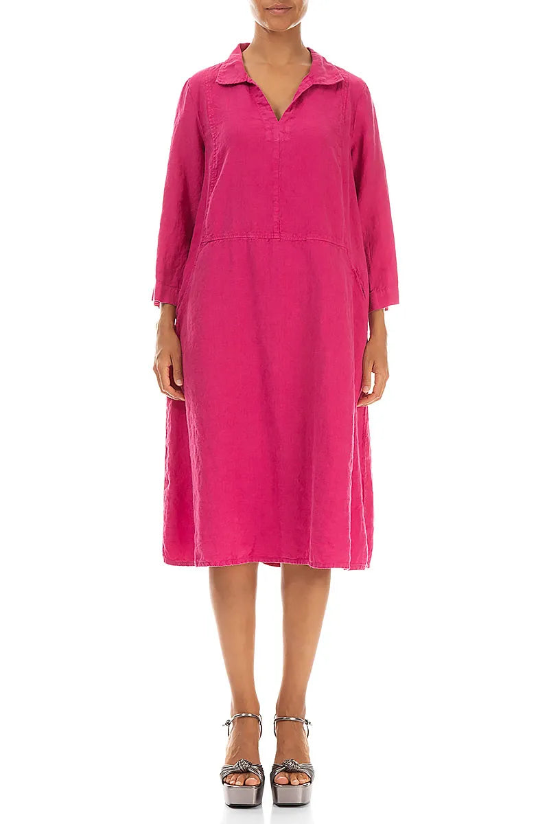 Collar Neck Fuchsia Linen Dress 1