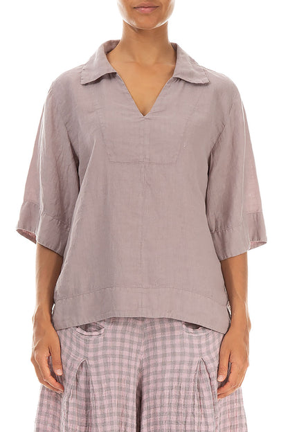 Collar Neck Greige Linen Blouse 1