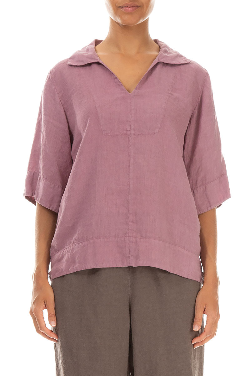 Collar Neck Mauve Taupe Linen Blouse 1