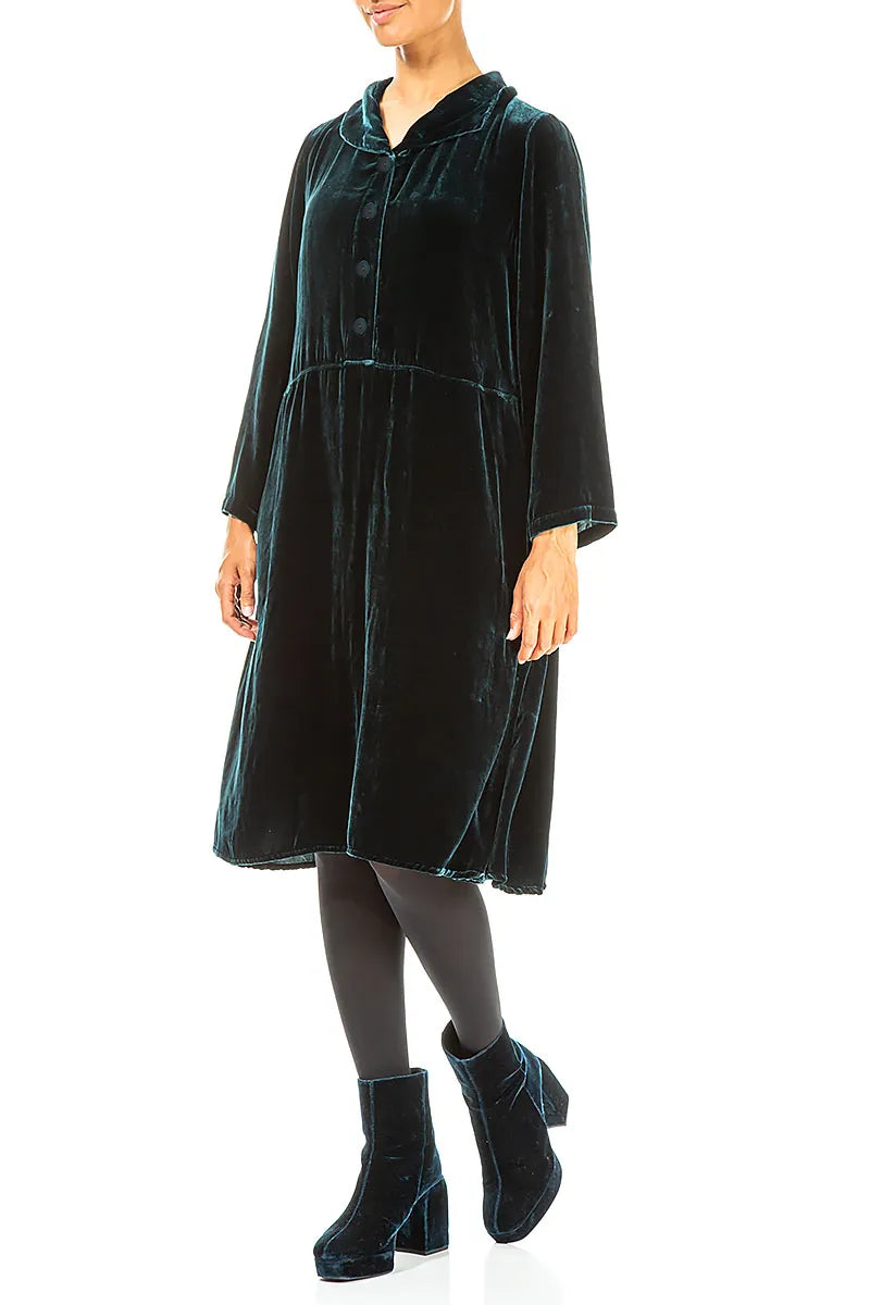 Collar Neck Peacock Silk Velvet Dress