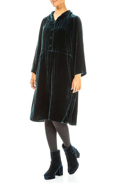 Collar Neck Peacock Silk Velvet Dress