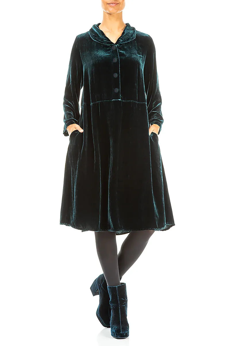 Collar Neck Peacock Silk Velvet Dress